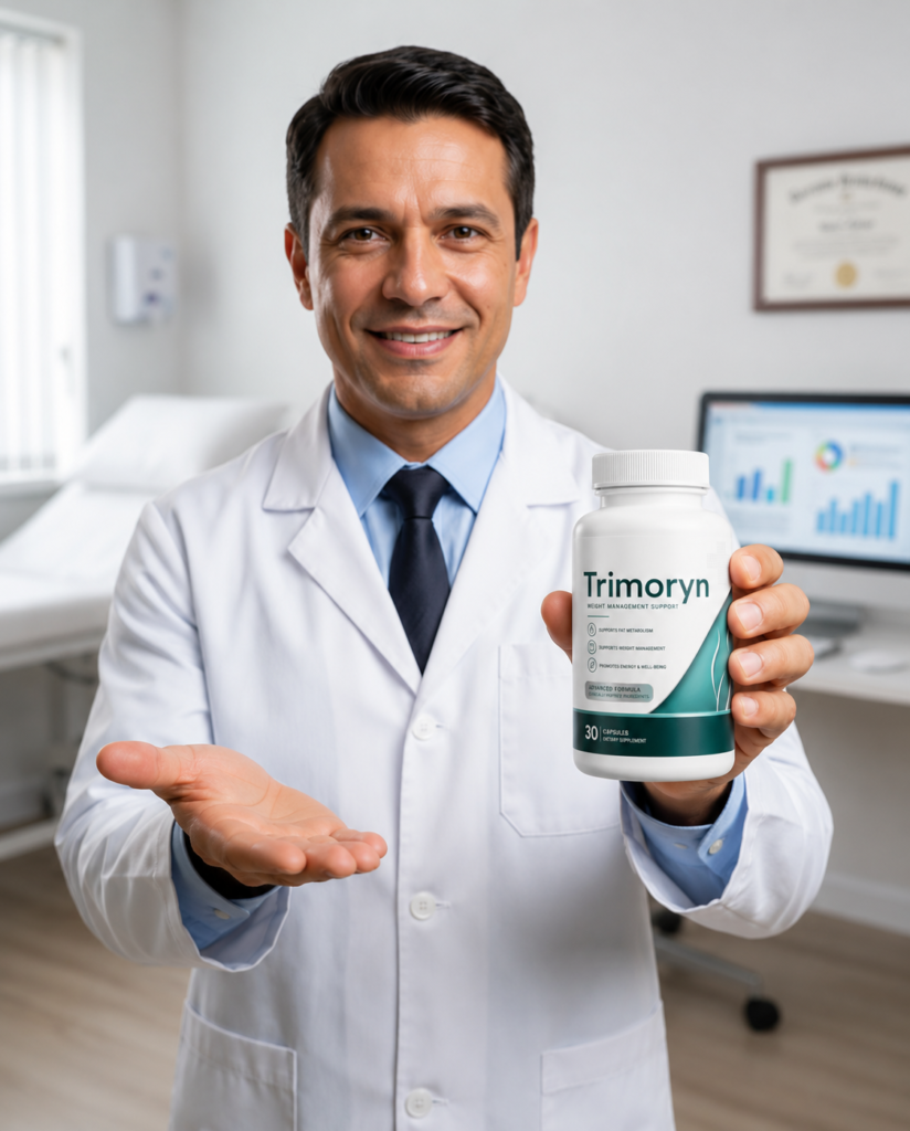 Doctor holding Trimoryn bottle, natural metabolism support supplement for women over 40